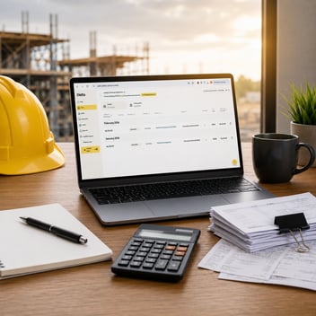 Laptop showing Kletta bookkeeping software on a construction-themed desk with receipts, calculator and hard hat.