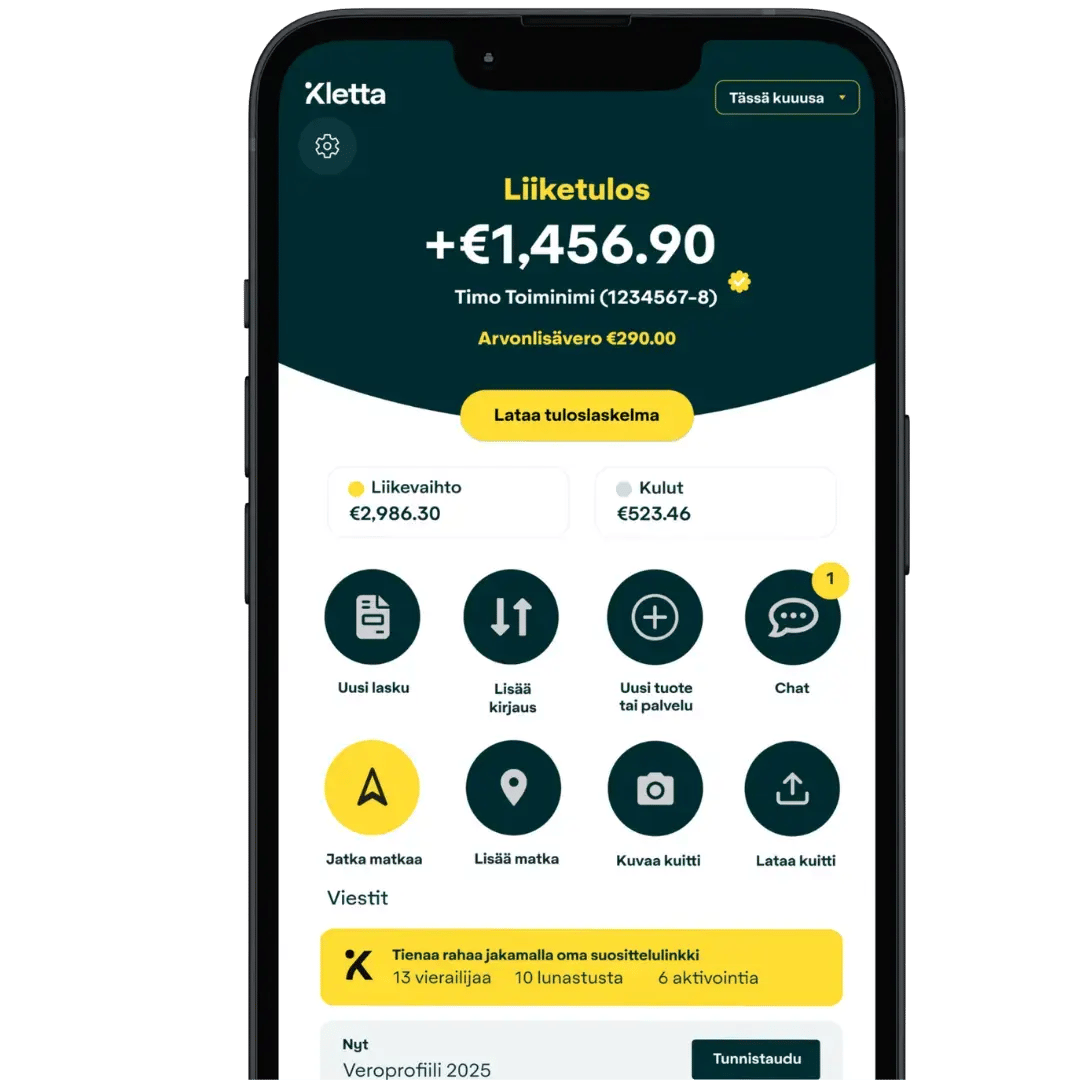 Kletta kirjanpitosovellus toiminimiyrittäjille. 