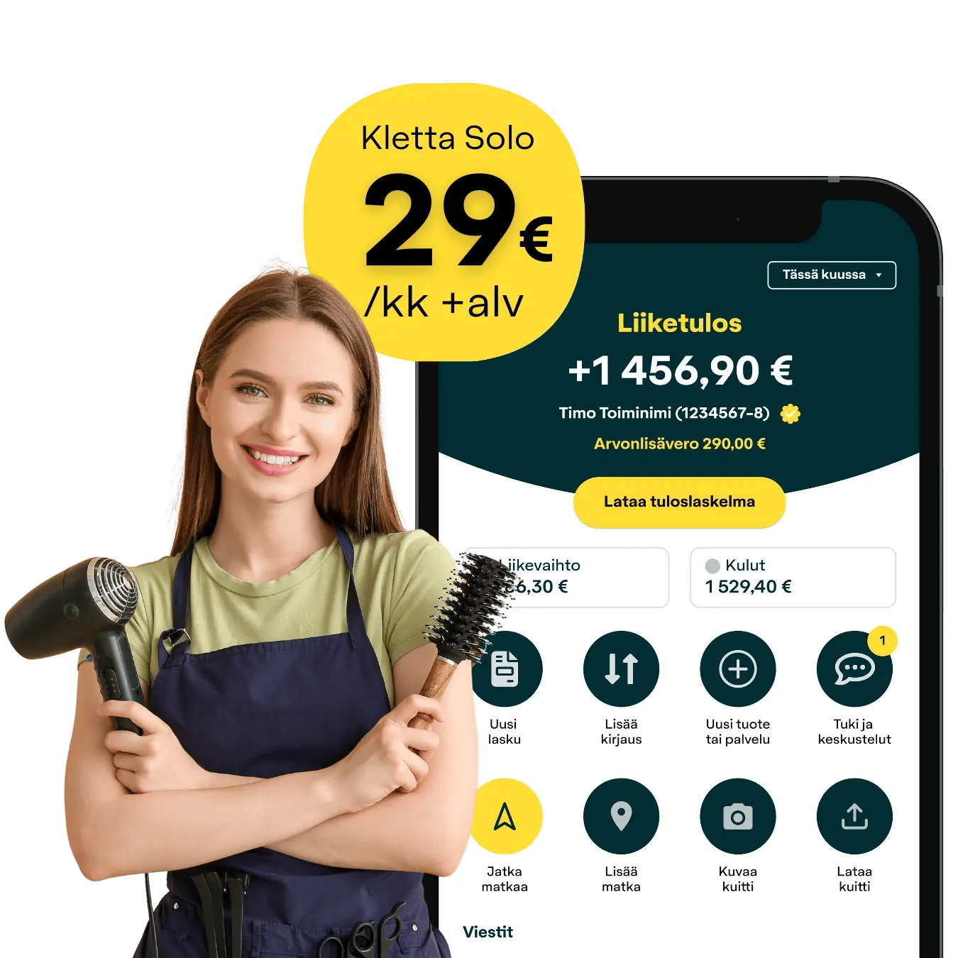 Toiminimiyrittäjä kampaaja pitelee hiustenkuivaajaa ja harjaa Kletta-sovelluksen näkymän edessä, jossa näkyy kirjanpidon tulos ja Kletta Solo -hinta 29 €/kk + alv.
