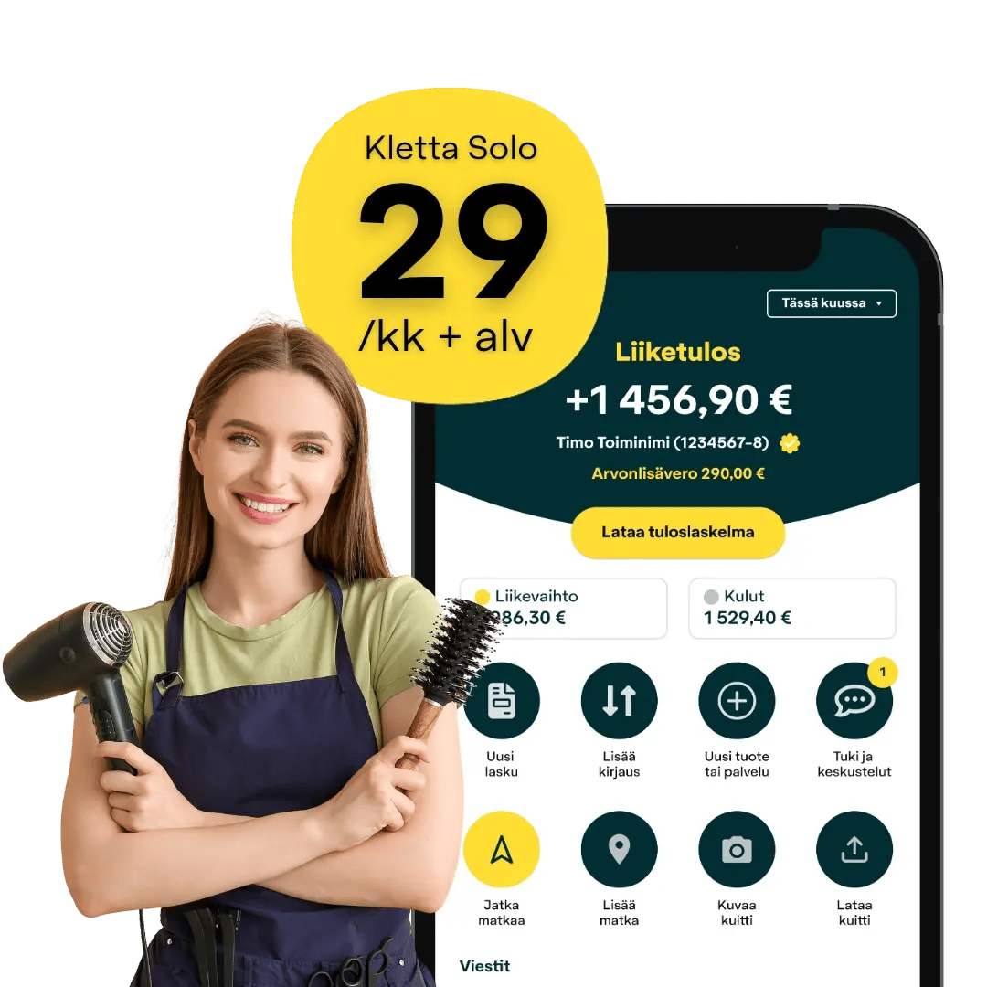 Hymyilevä parturikampaaja Kletta kirjanpitosovelluksen kanssa. Kiinteä 29€/kk hinta 
