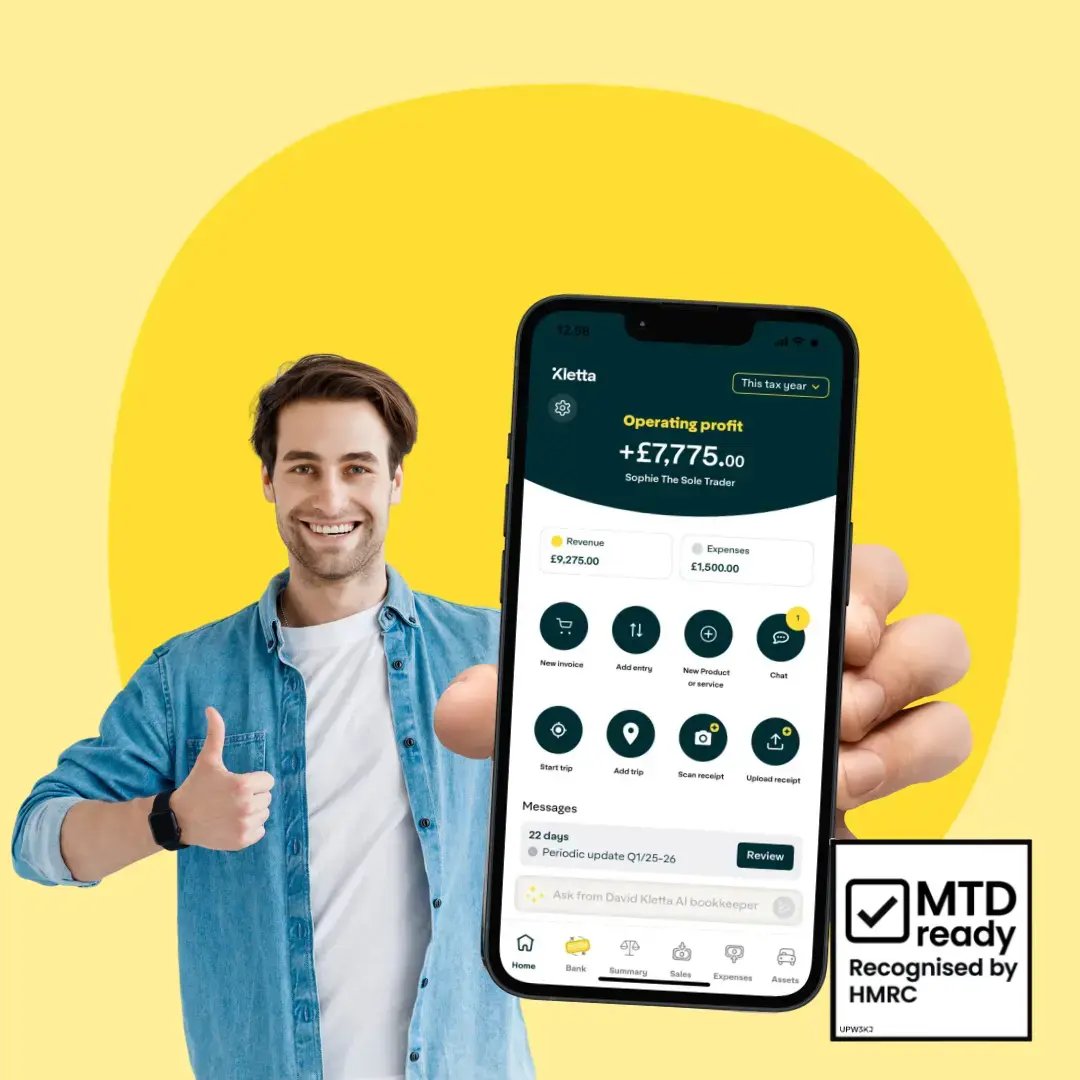 Smiling sole trader holding smartphone with Kletta accounting app on screen, yellow background, MTD ready recognised by HMRC badge