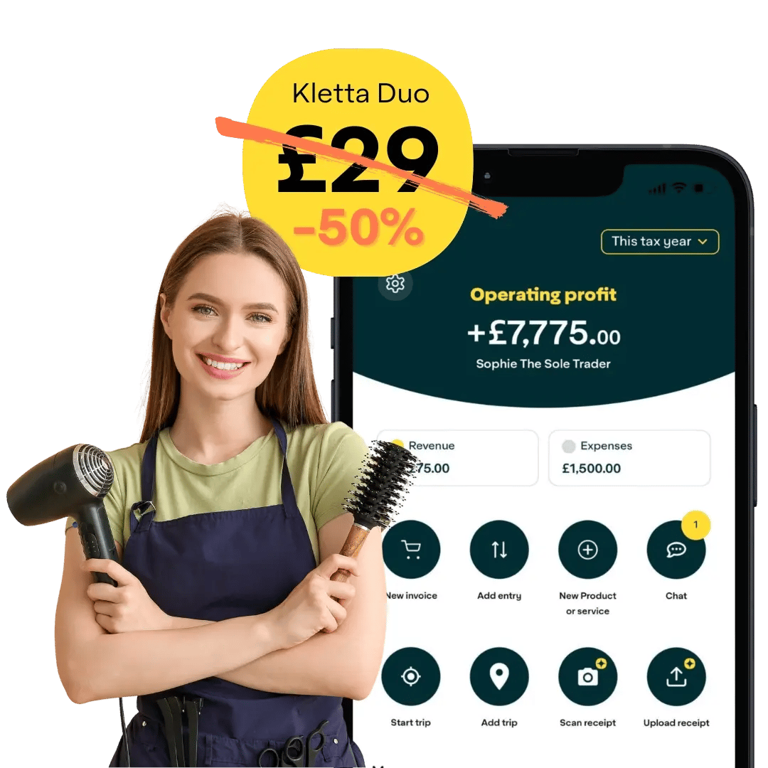 Sole trader using Kletta accounting app on phone, showing income and expenses tracking with simplified bookkeeping interface