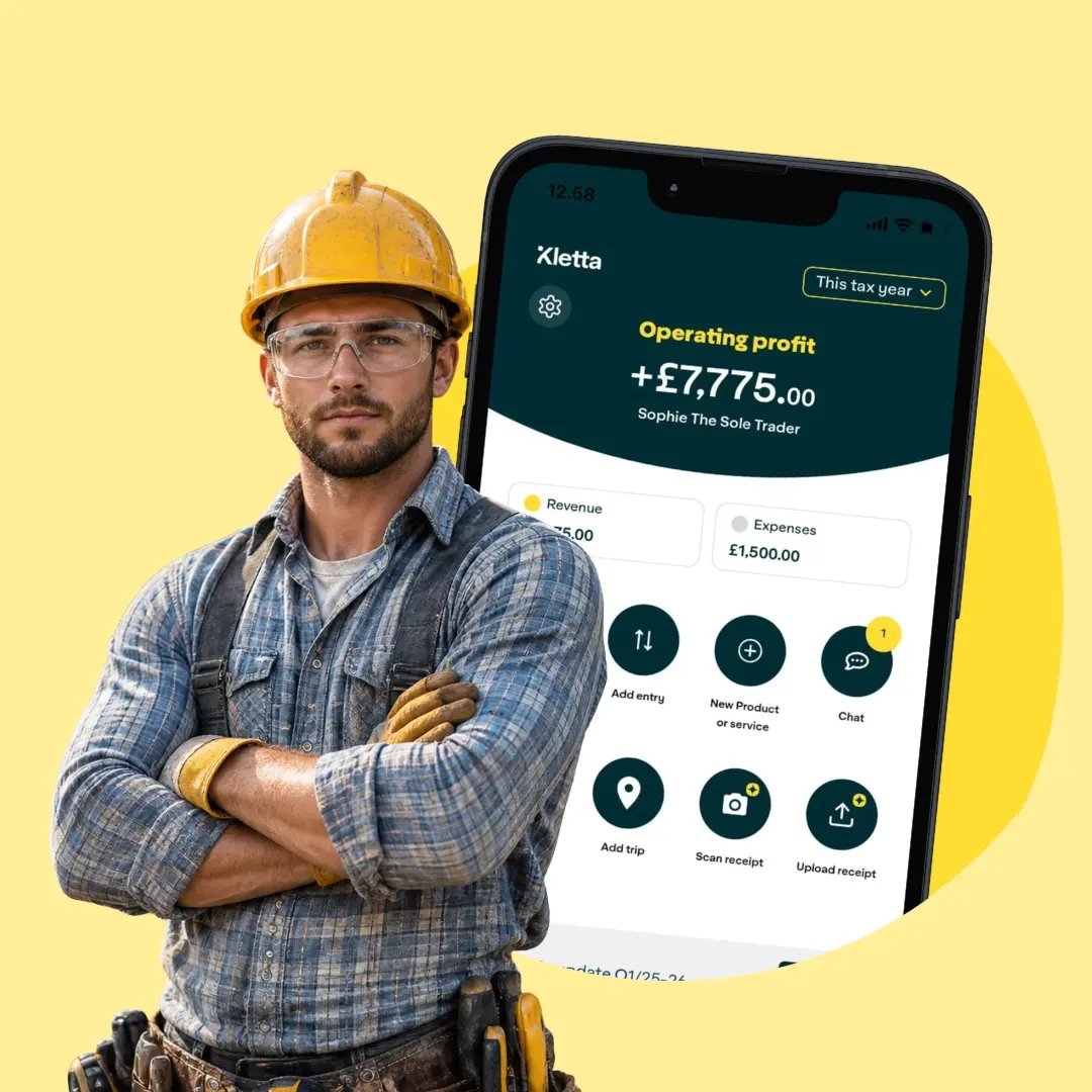 Construction worker standing beside the Kletta accounting app, showing bookkeeping software built for CIS subcontractors with rental income.
