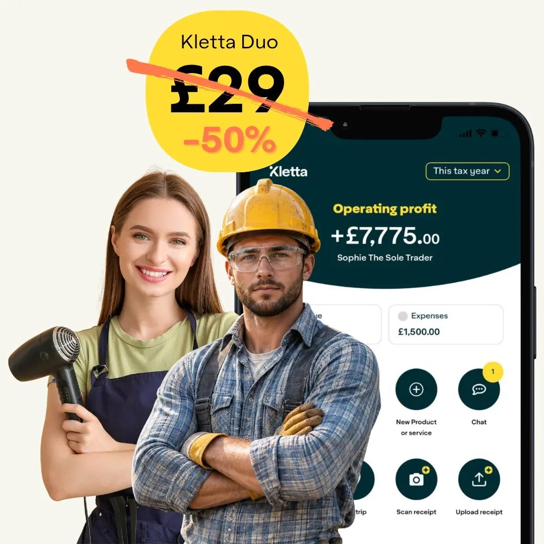 Kletta UK bookkeeping app for sole traders, showing app dashboard, accountant support and 50% off Kletta Duo.