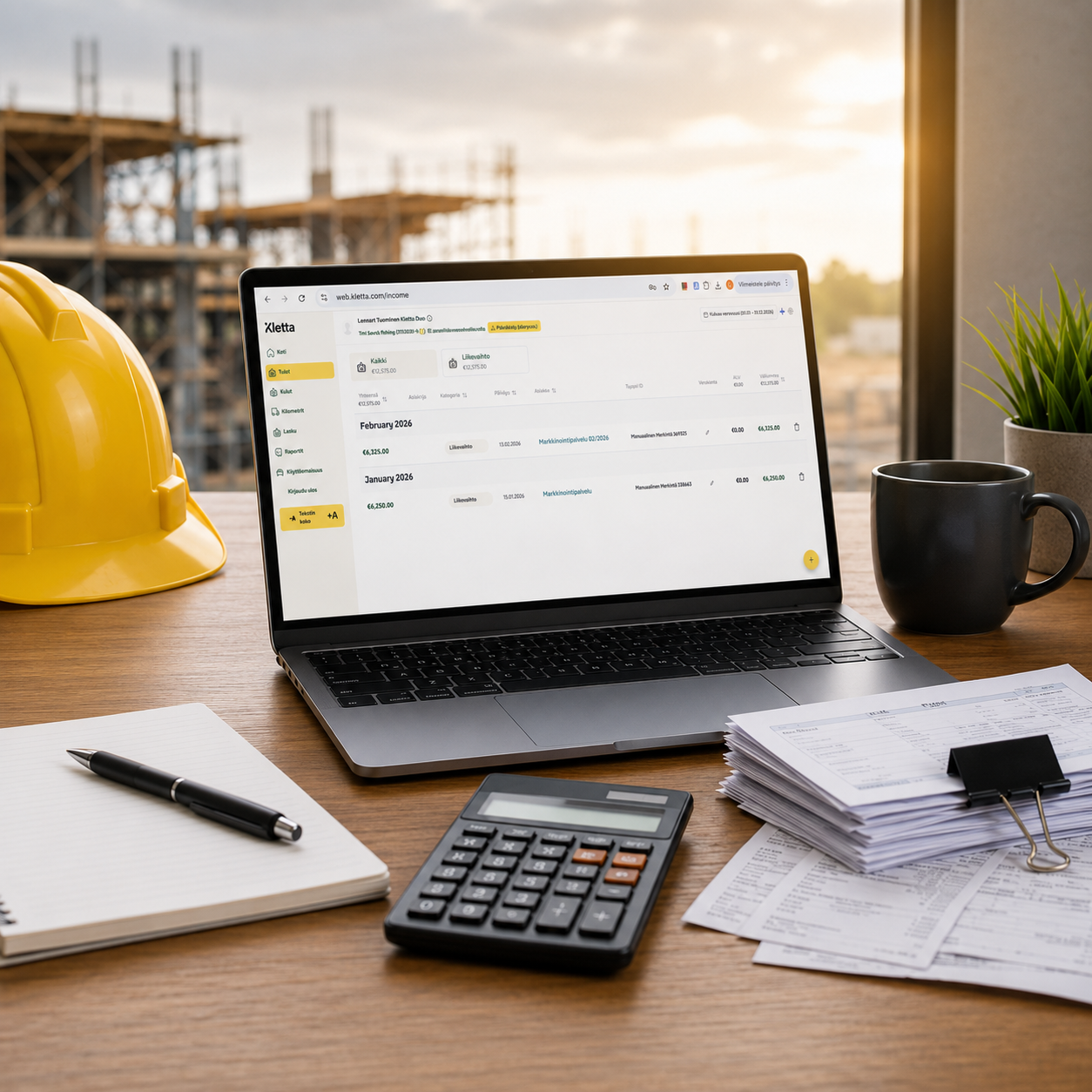 Laptop showing Kletta bookkeeping software on a construction-themed desk with receipts, calculator and hard hat.